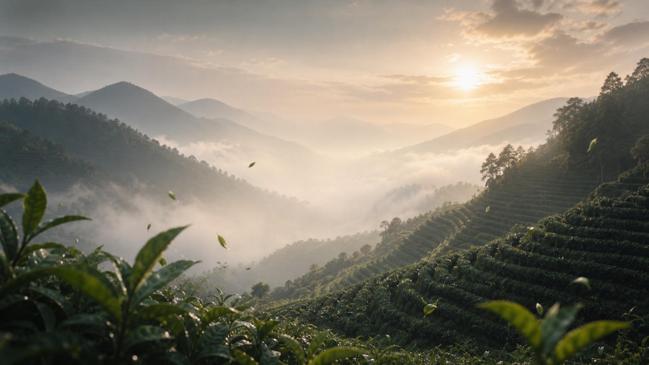 云雾茶山与晨光中的山野茶园