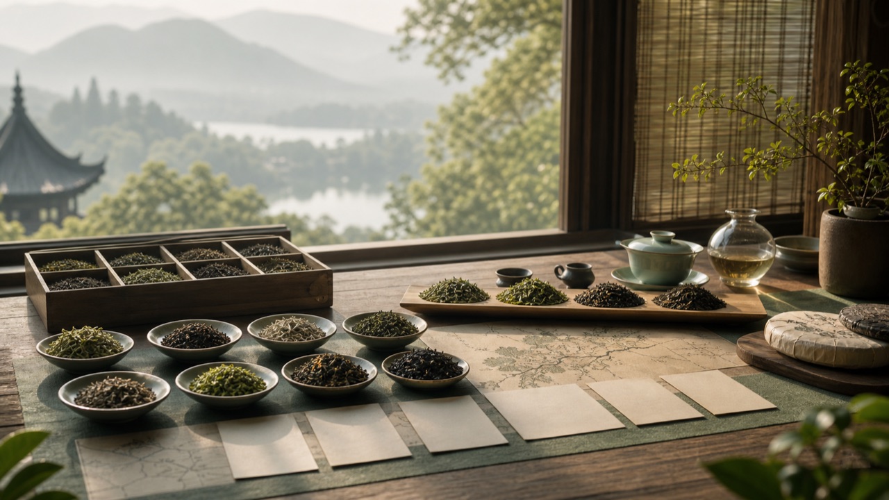 茶样、产区地图与采购桌上的多品类茶叶