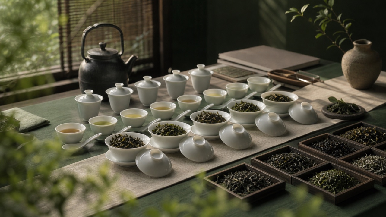 审评桌上的茶汤、盖碗、记录本与茶样