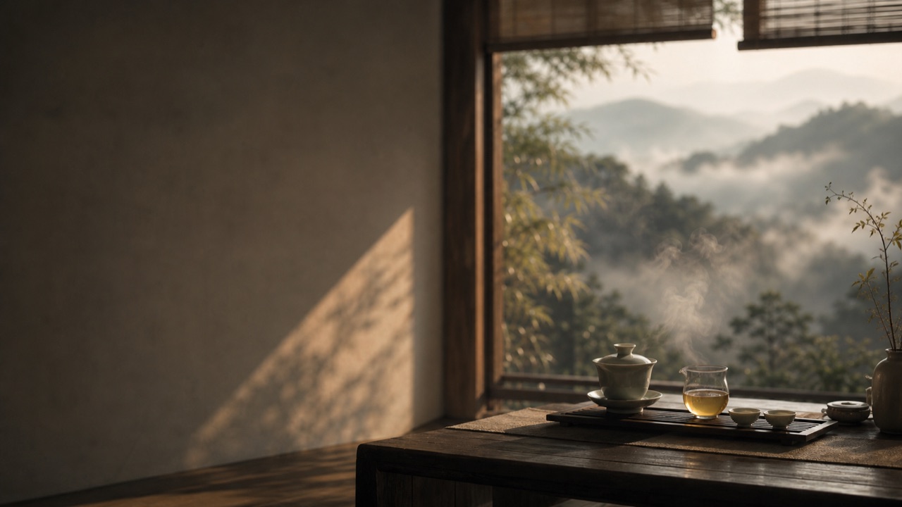 山间茶席与茶汤光影